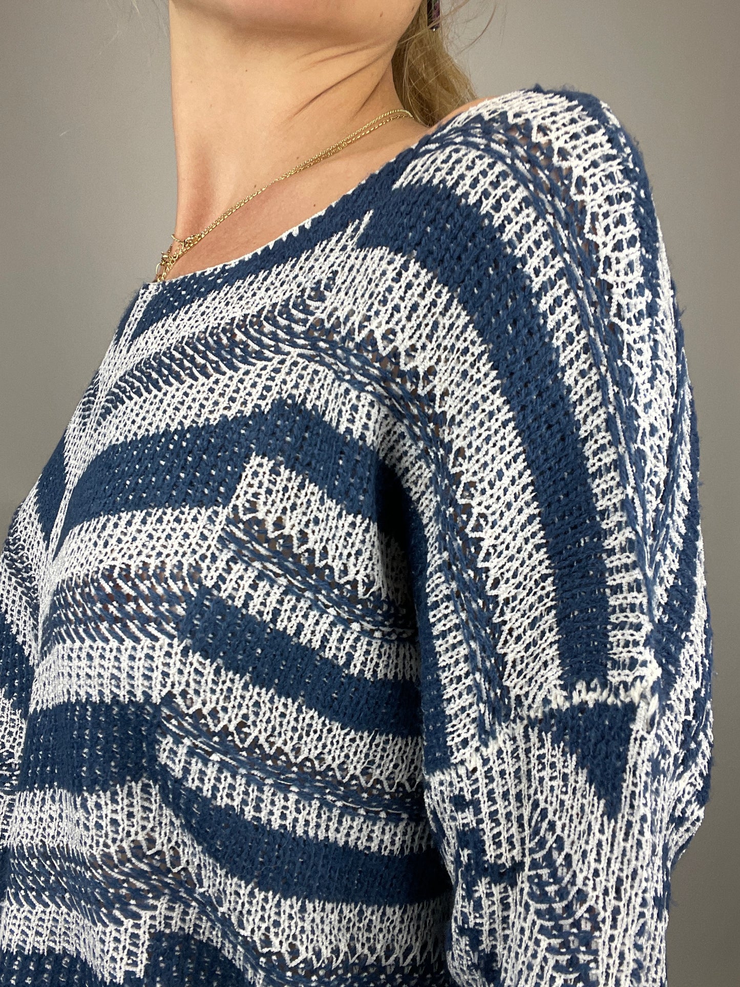 Pull maille ajourée y2k rayures bleues vintage