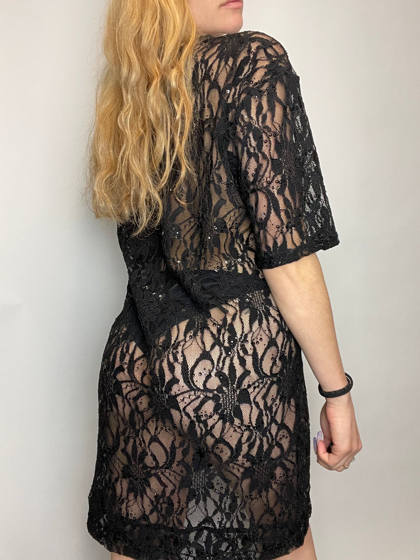 Robe dentelle y2k transparente à broderie fleur vintage