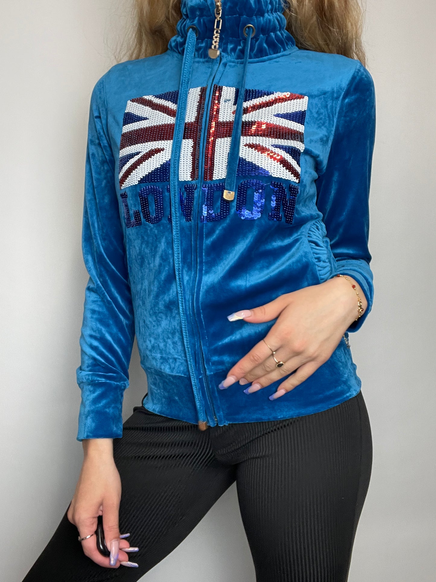 Veste piloupilou y2k à strass UK bleu vintage