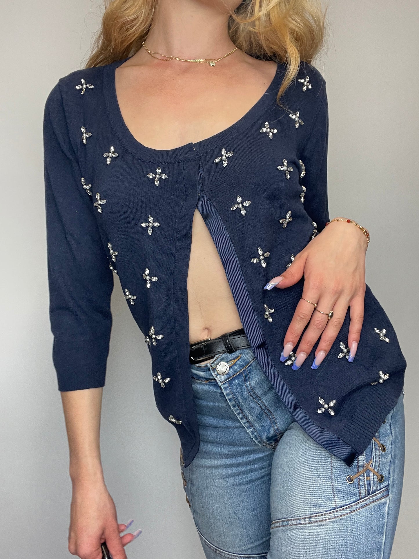 gilet cardigan bijoux bleu foncé