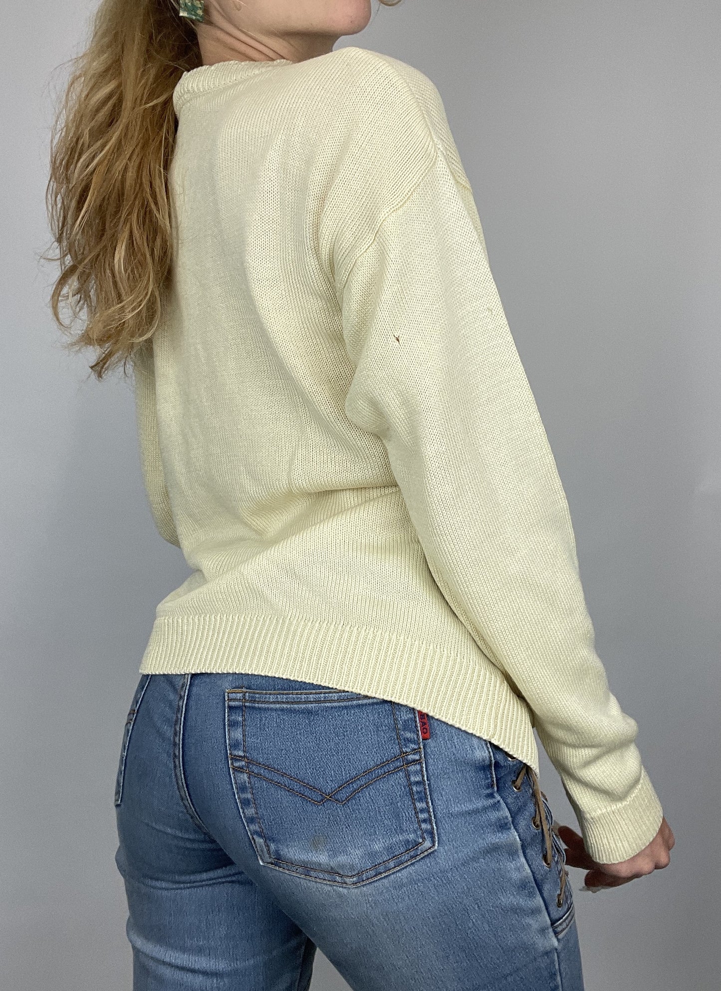 Pull y2k jaune pâle broderies fleur vintage