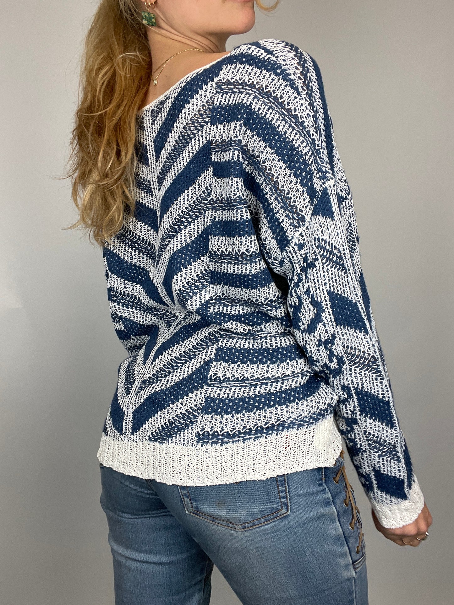 Pull maille ajourée y2k rayures bleues vintage