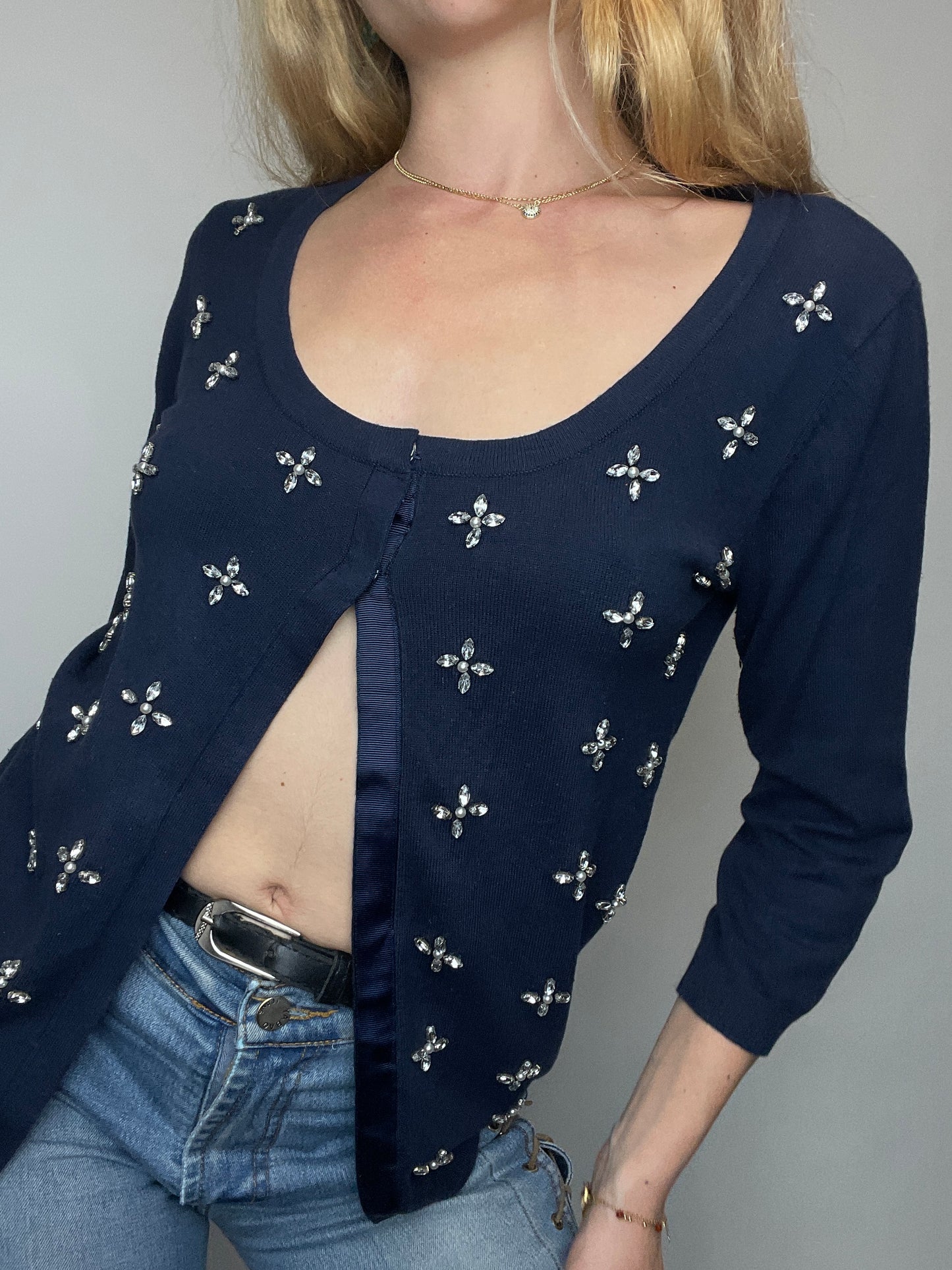 gilet cardigan bijoux bleu foncé