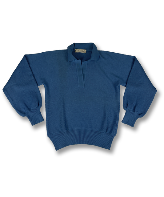 Pull bleu vintage manche chemisier col polo y2k