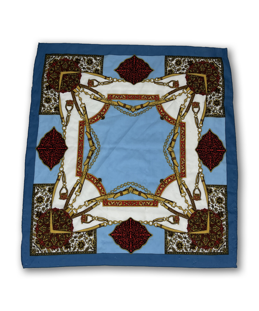 Foulard y2k motif équestre vintage bleu blanc et marron