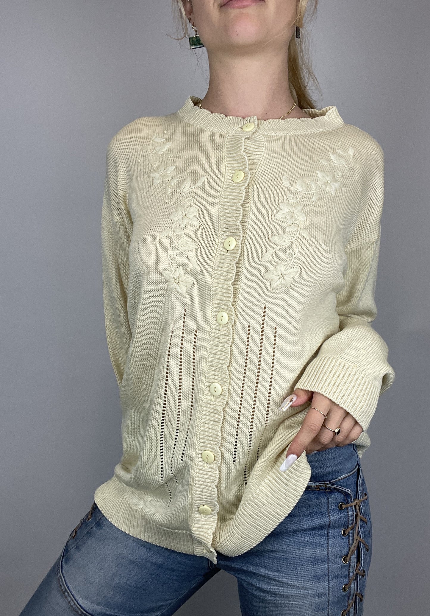 Pull y2k jaune pâle broderies fleur vintage