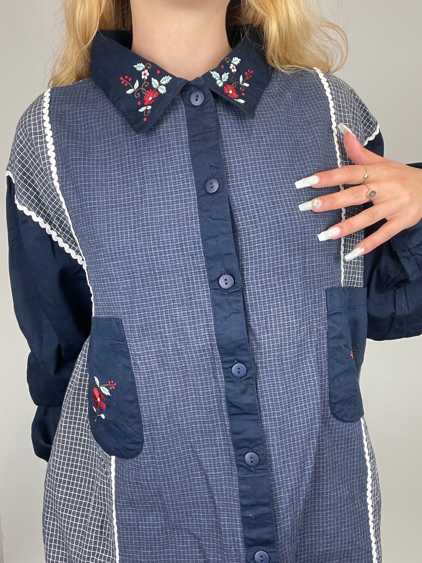 chemise bleue oversized y2k broderie vintage