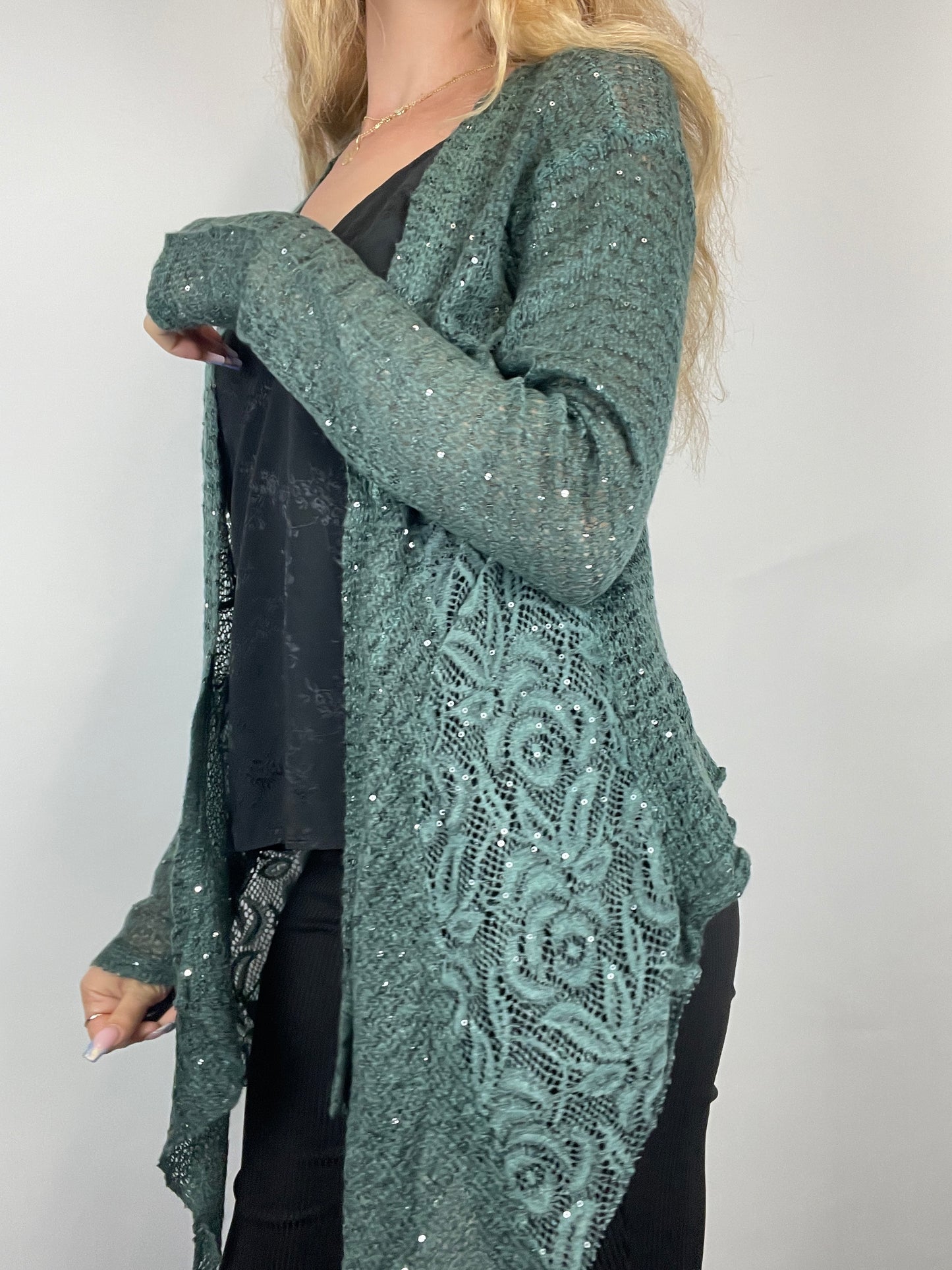 Gilet vert brillant y2k broderie fleurs vintage