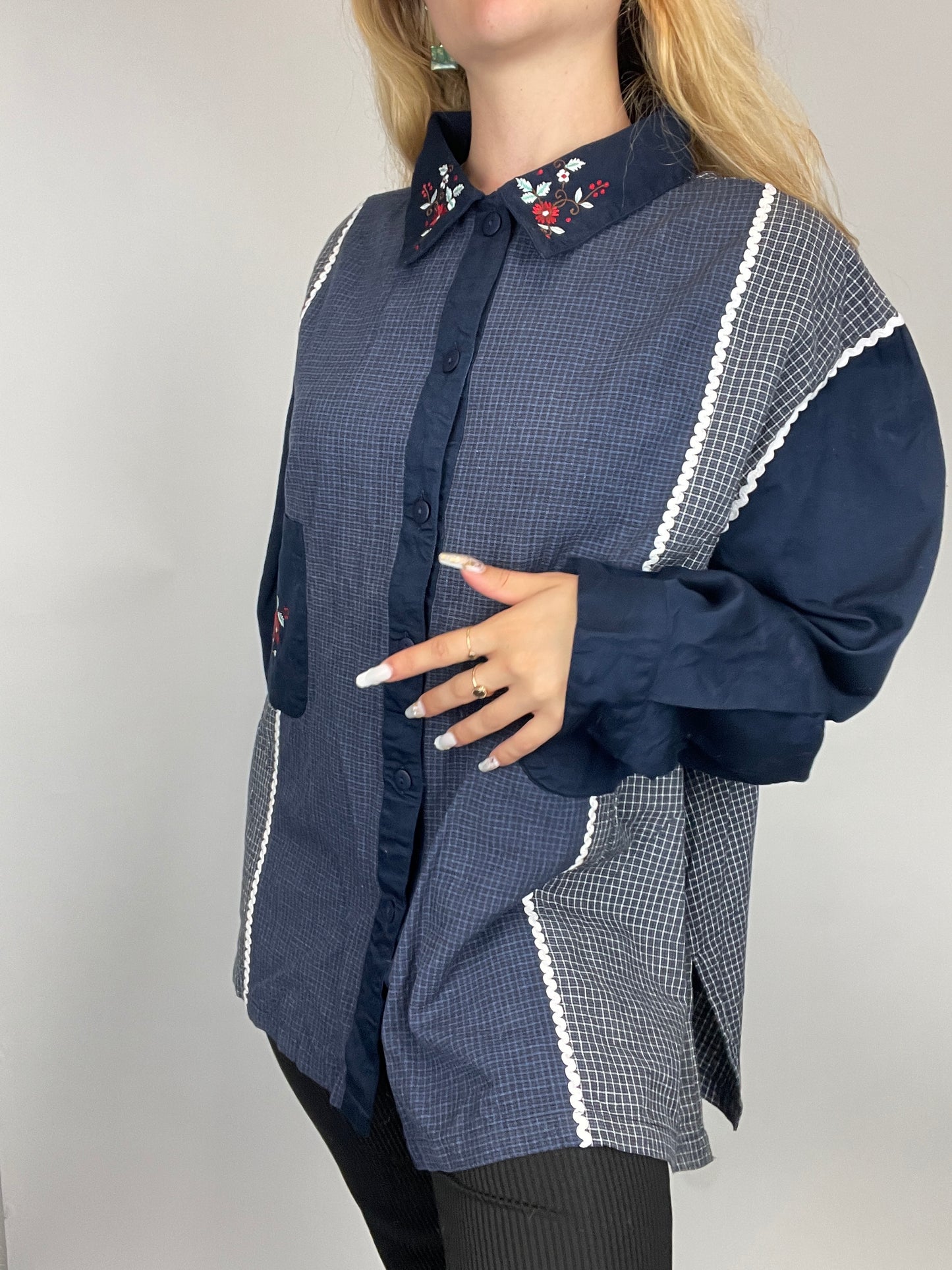 chemise bleue oversized y2k broderie vintage