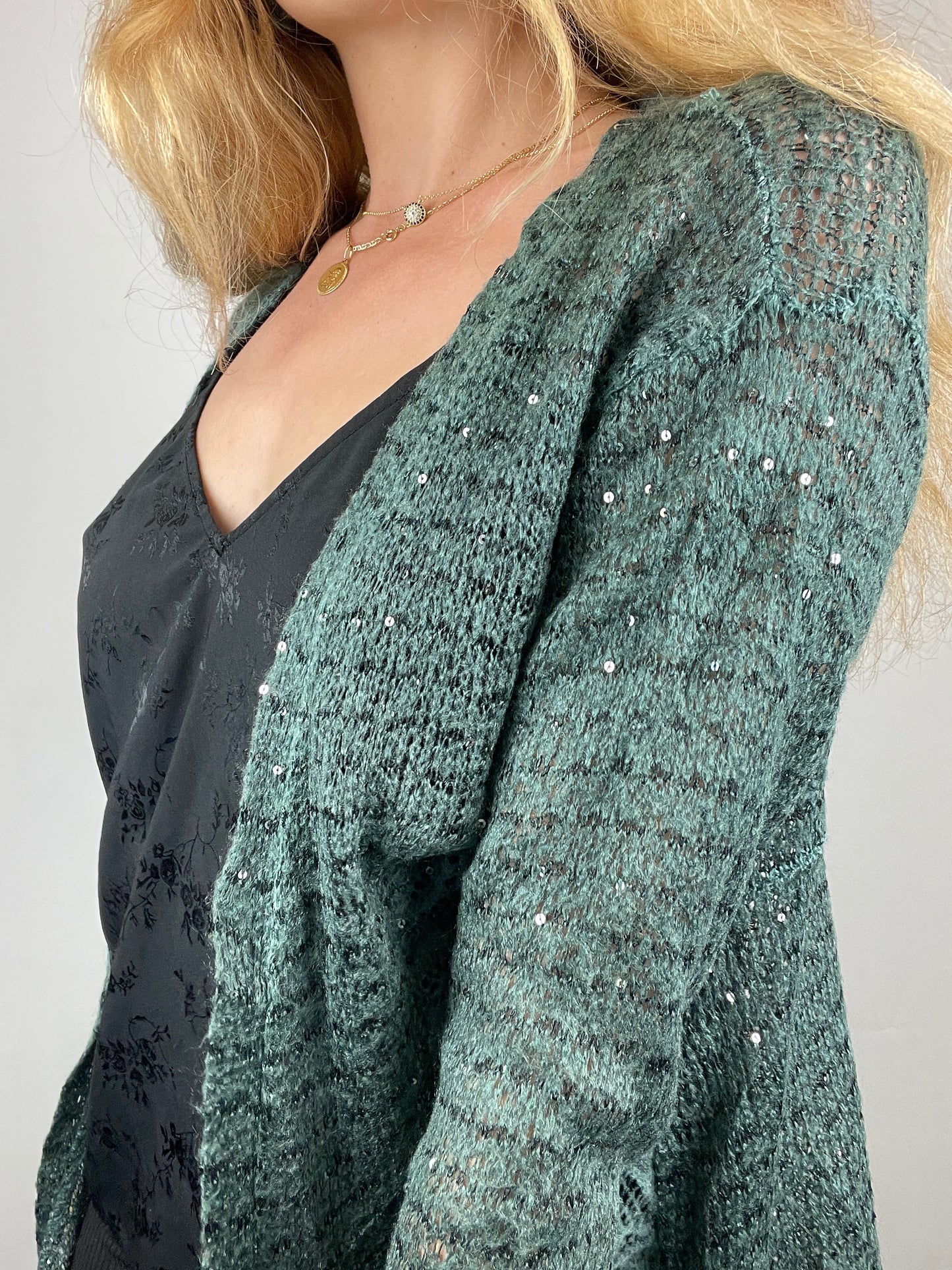 Gilet vert brillant y2k broderie fleurs vintage