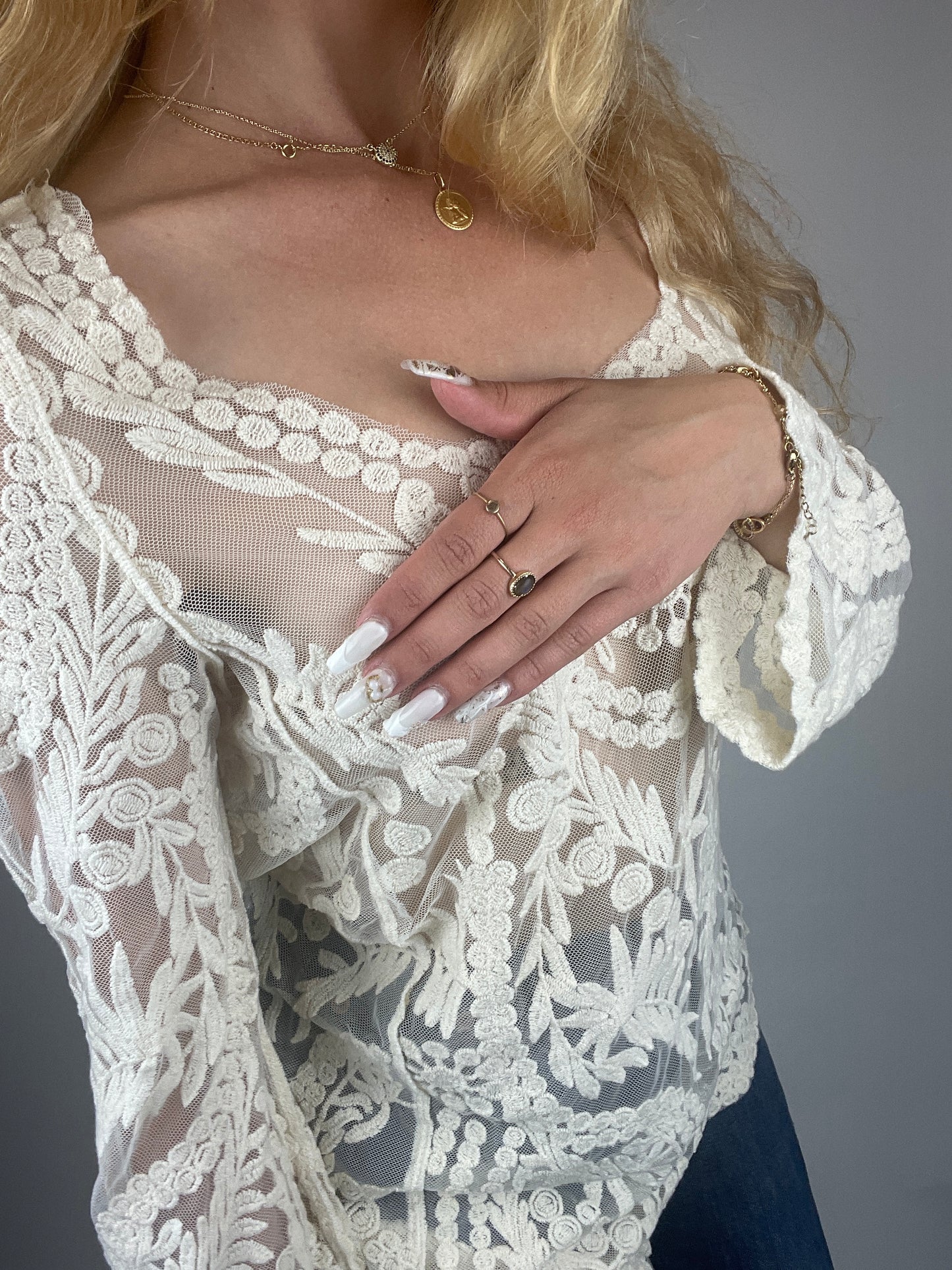 Top transparent y2k blanc broderies vintage