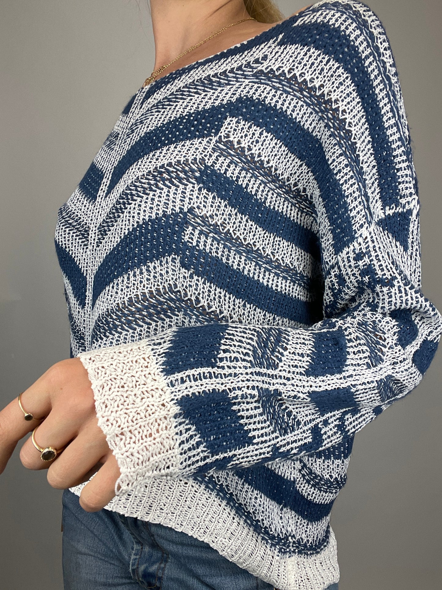 Pull maille ajourée y2k rayures bleues vintage