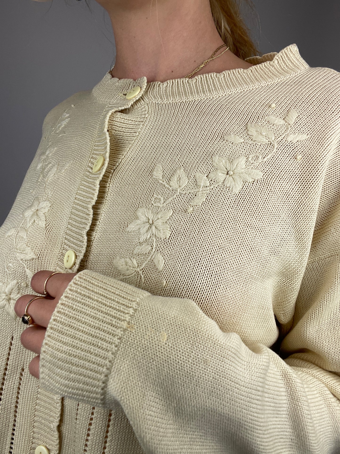 Pull y2k jaune pâle broderies fleur vintage