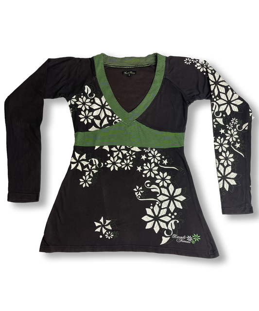 Top y2k moulant marron et vert motif fleur vintage