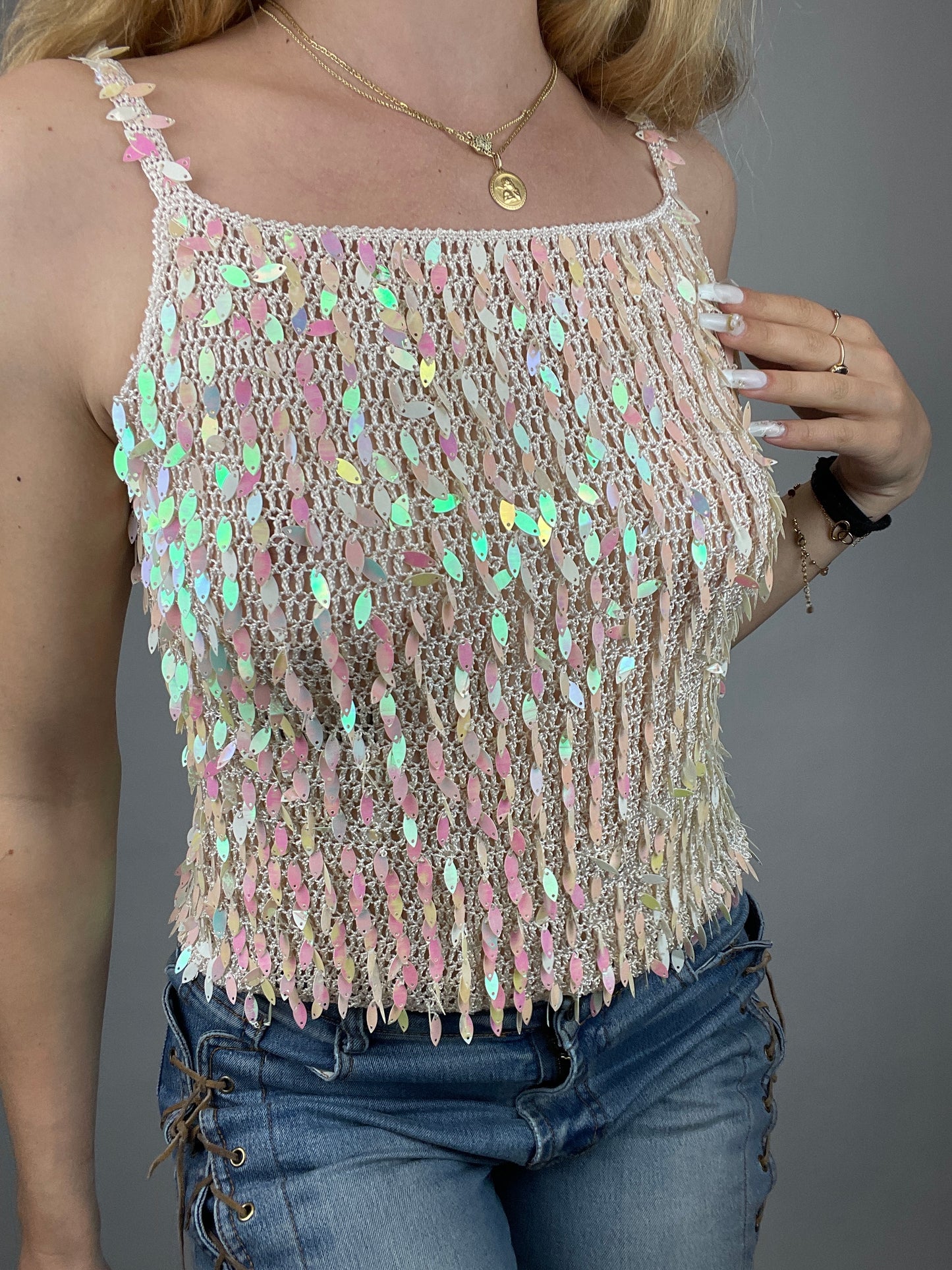 Top pailleté y2k à sequins brillant vintage